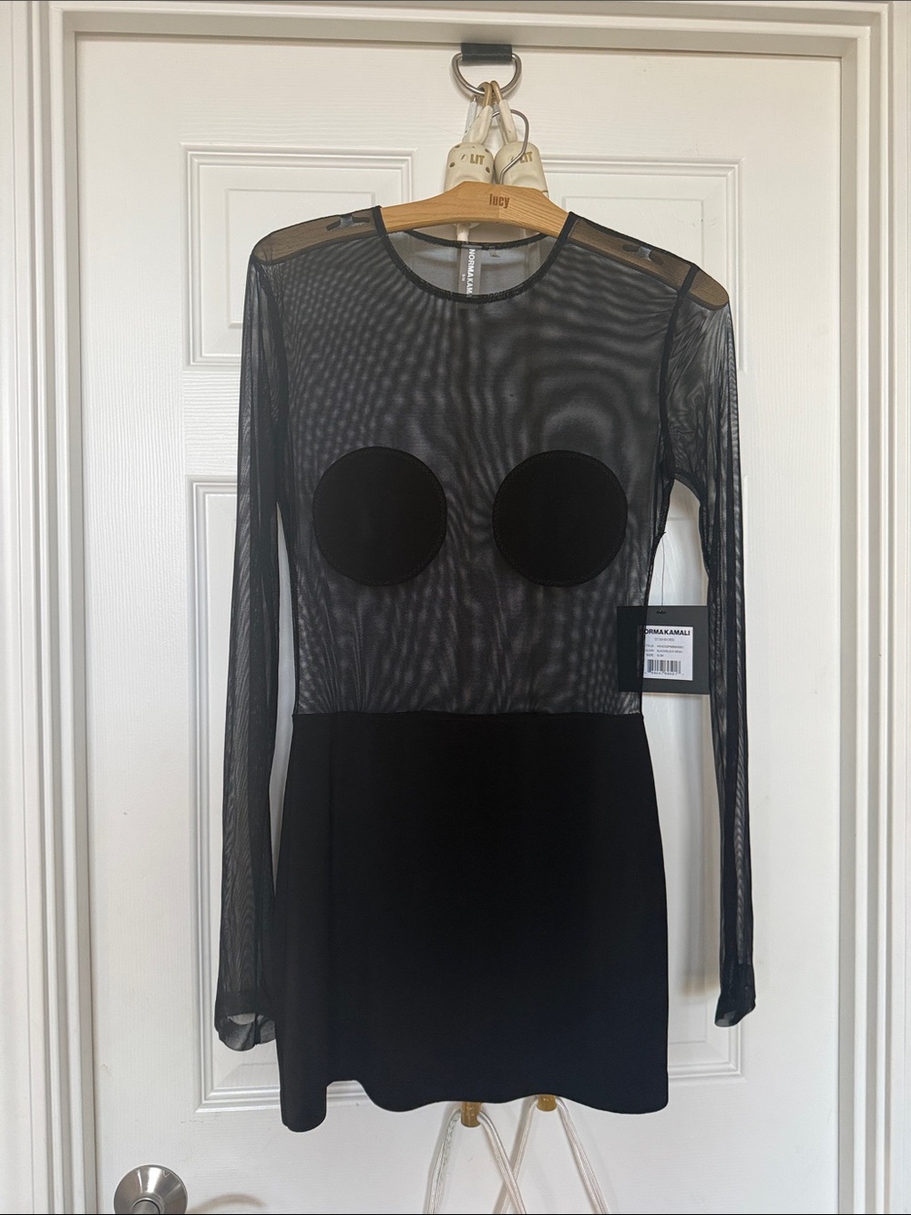 Norma Kamali Black Sheer Long-Sleeve Mini Dress with Opaque Bust Circles